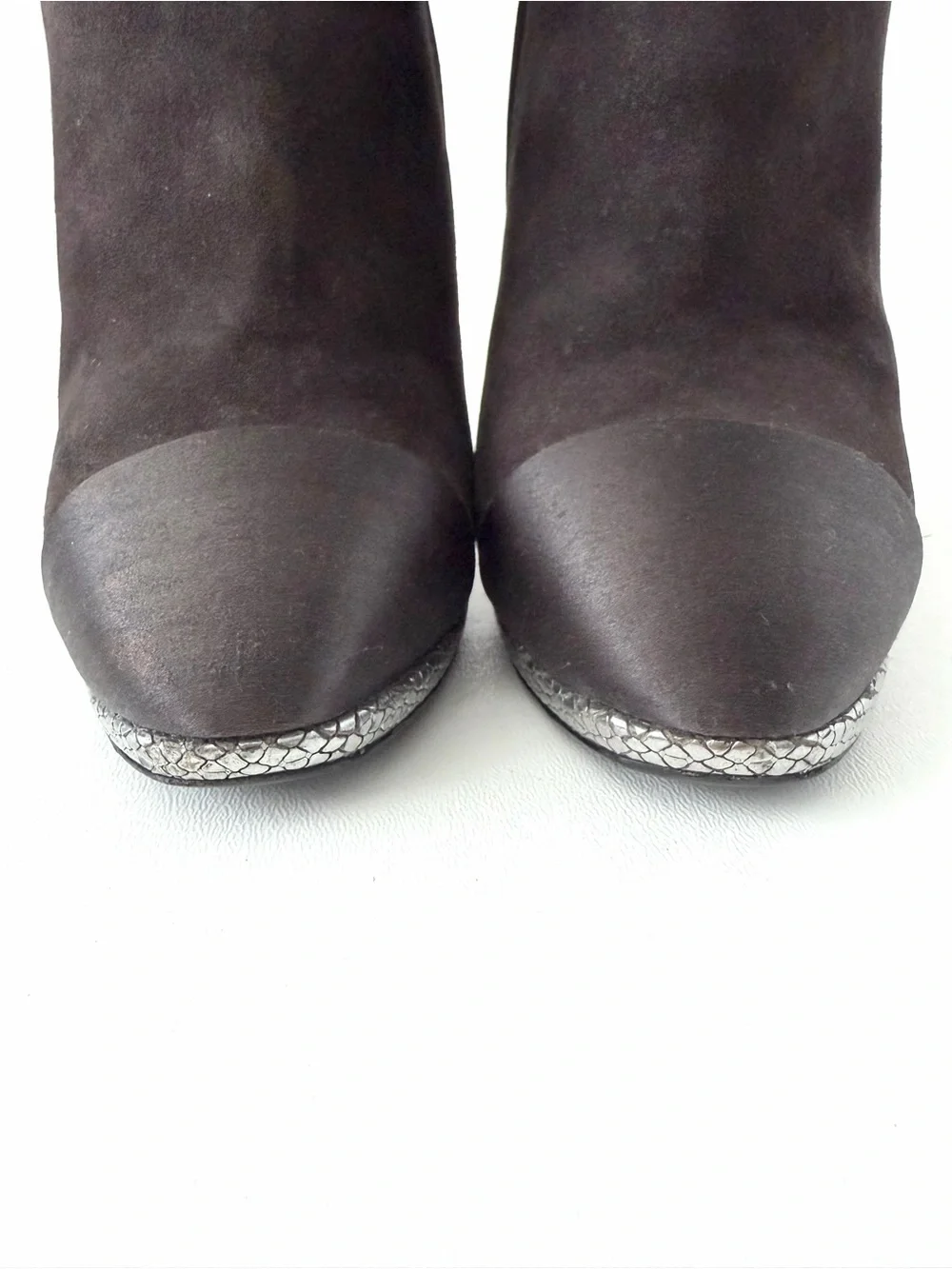 CHANEL | Suede CC Cap Toe Ankle Boots Gray Charcoal Silver High Heel EU 37